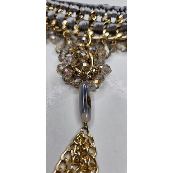 Grey and Gold Macrame Cord and Beaded Lariat Y Drop Style Necklace 19.5"L - Picture 4 of 5